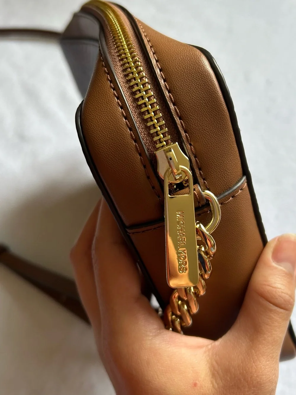 Michael Kors Tan Brown Snake-Print Crossbody with Gold Chain